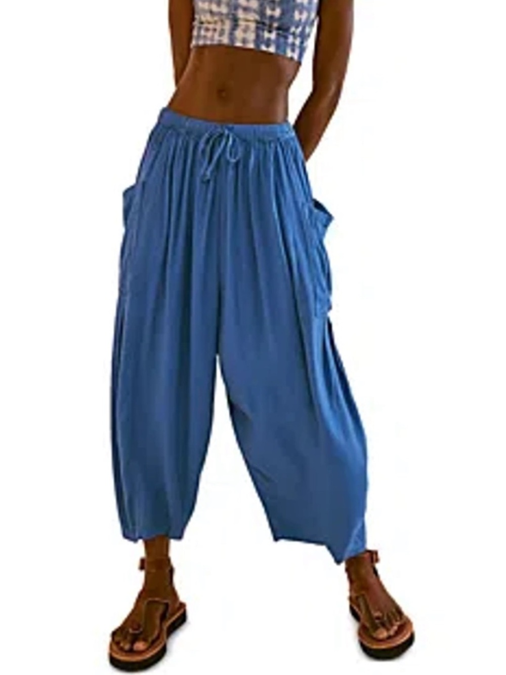 New Free People Quinn Wide-Leg Cropped Drawstring Pants in Yacht Ride Blue